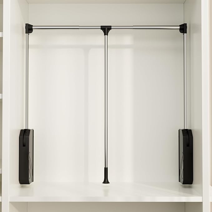 Pull Down Closet Rod, Adjustable 33-45 Inches Soft-Close Wardrobe Rail, Two-way Buffering Stainless Steel Back Mounted Organi