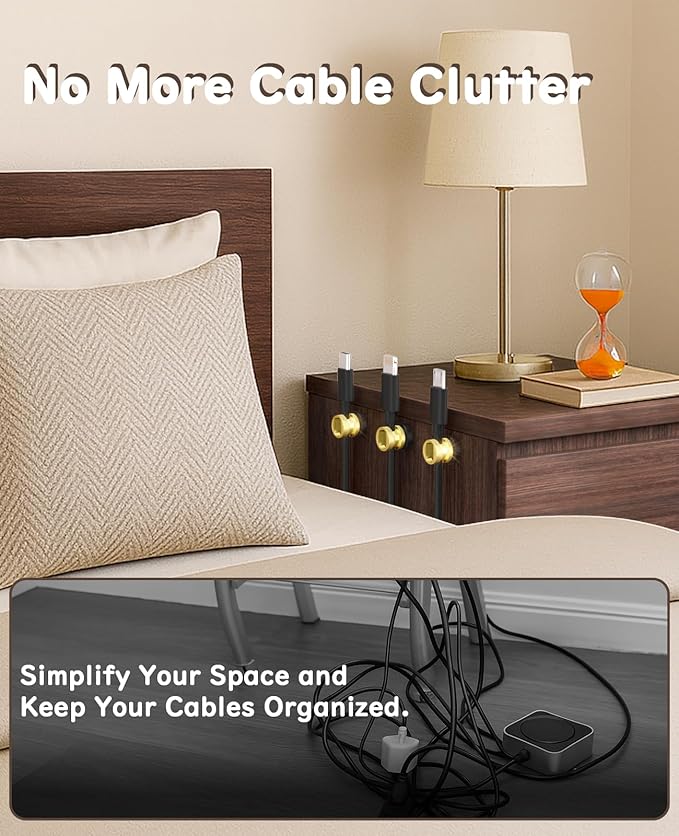 Magnetic Cord Clips 6 Pack, Maveek Wire Organizer Metal Cable Clips Adhesive Cable Management for USB Charging Cords, Desk Office Car Dash Cam Nightstand (Premium Gold Edition)