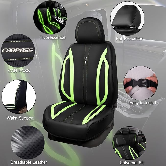 CAR PASS Fluorescent Green & Nappa Leather Seat Covers Full Set, with Backrest Cushion Protector Waist Protection Universal F