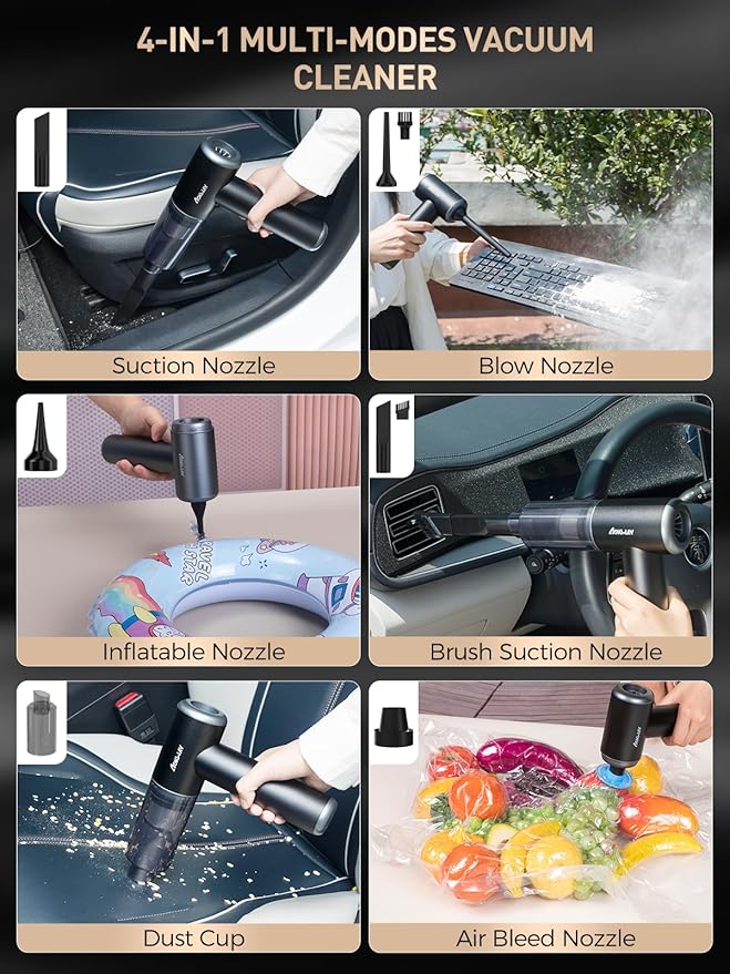 aokway Car Vacuum Portable Cordless 15000PA Powerful Suction, 7500mAh, 4-in-1, High Power Mini Vacuum Cleaner for Car, Home, 