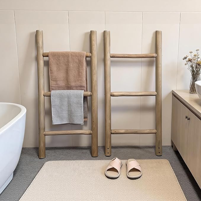 Wooden Blanket Ladder - 76in Natural & Motley Wood - Leaning Wall Decor for Bedroom, Bathroom, Living Room - Rustic Quilt Hol