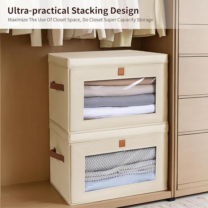 Homsorout Large Closet Storage Organizer - Clothes Storage Bins with Handles & Window, Collapsible Decorative Boxes with Lids