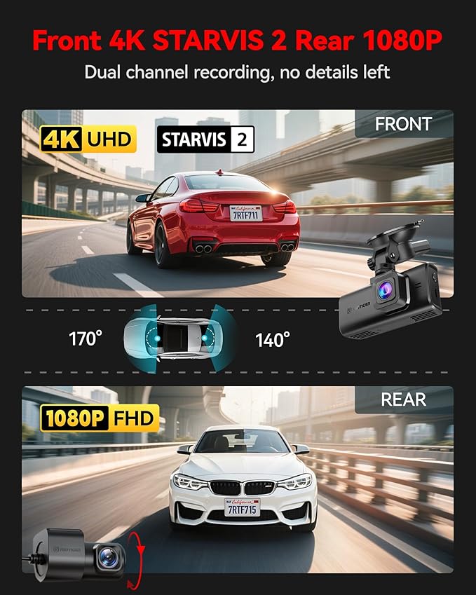 REDTIGER 4K STARVIS 2 Dash Cam Front and Rear, 5GHz WiFi 20MB/s Download, 128GB Card Included, Voice Control, Dash Camera for