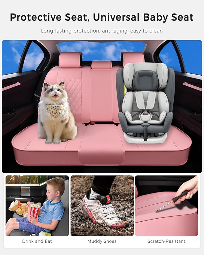 Huidasource Pink Rear Seat Covers, Nappa Leather Back Seat Covers Velcro Adjustable, Compatible with Armrests, Seat Belts, Ch