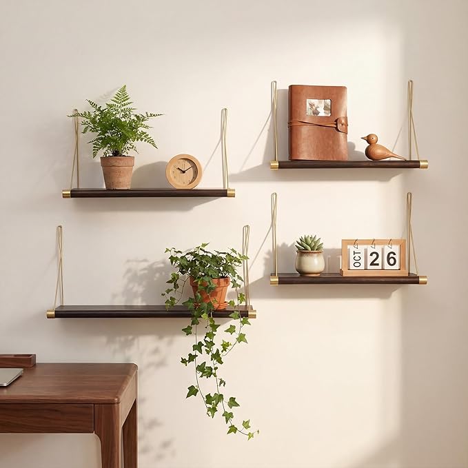 Pinkunn 4pcs Mid Century Modern Decor Walnut Floating Shelves for Wall Mounted Storage Shelves Solid Wood Rustic Decorative S