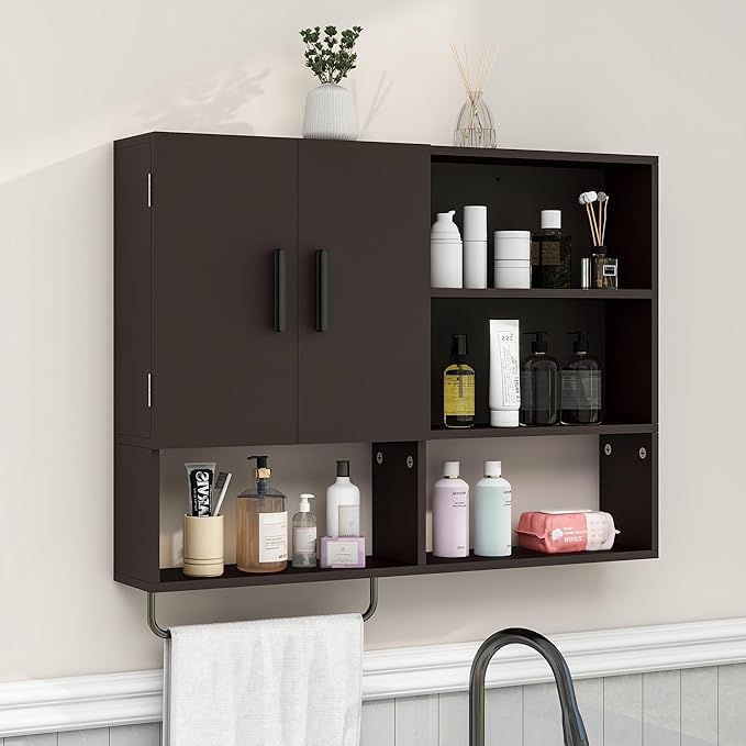 Medicine Cabinet, Wooden Bathroom Wall Cabinet with 2 Doors, Adjustable Shelves & Towel Bar, Over Toilet Storage Cabinet Wall