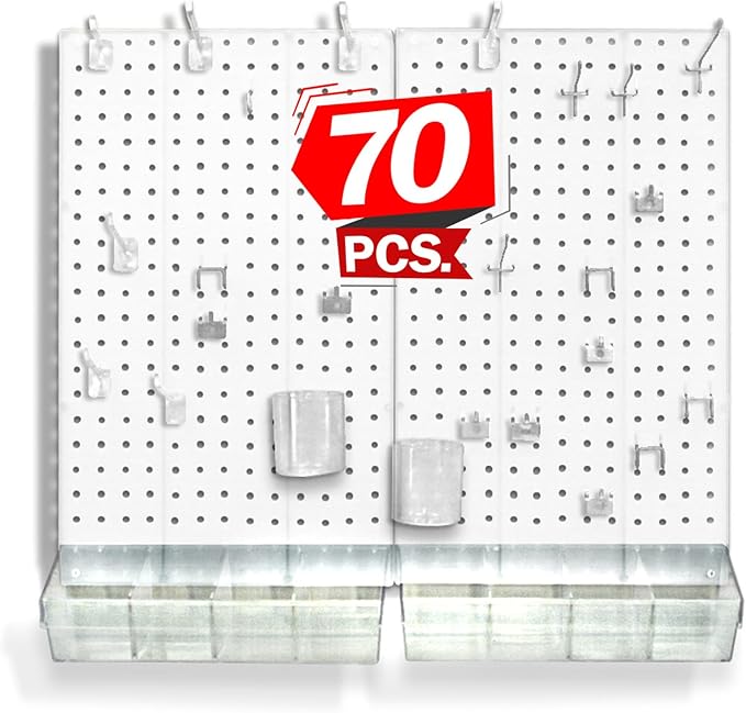 Azar Displays, 900945-WHT, 70 Piece Pegboard Organizer, Wall Mount Peg Board Combination Panel Kit for Bedroom, Craft Room, S