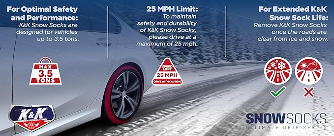 K&K Auto Snow Socks for Tires – Pro Series for Ultimate Grip Approved Snow Chain Alternative Traction Device – Tire Sock for 
