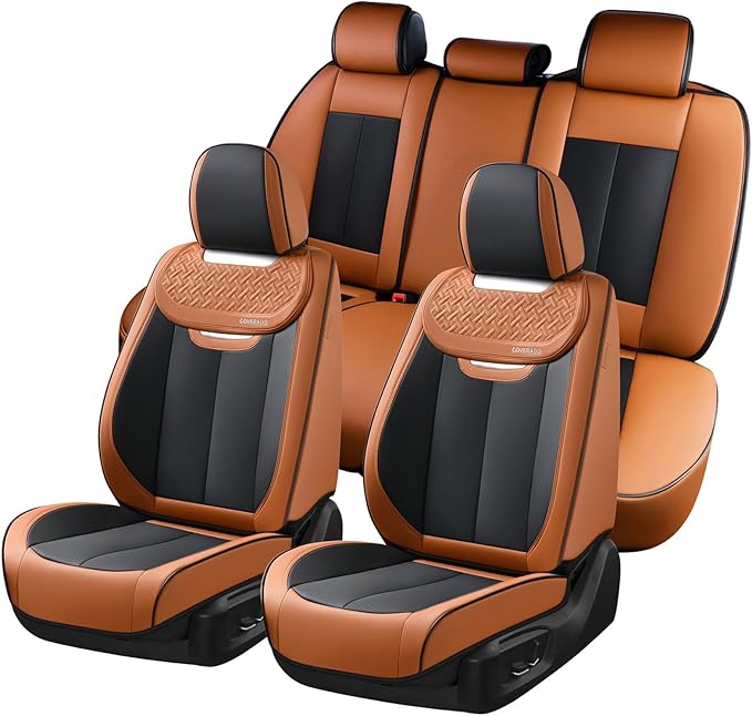 Coverado Car Seat Covers Full Set, Breathable Nappa Leather Seat Covers for Cars, Automotive Seat Covers, Waterproof Front an