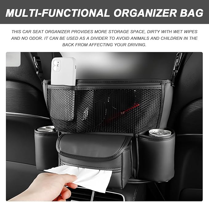 Car Handbag Holder Between Seats, Large Capacity Leather Organizer Auto Purse Holder with Tissue Box, Double-Sided Central Storage Bag Front Seat Barrier for Most Vehicles (Black)