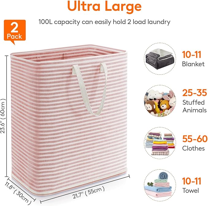 Lifewit 2 Pack Laundry Basket 100L Each, Collapsible Clothes Hamper with Reinforced Handles, Freestanding Waterproof Design f