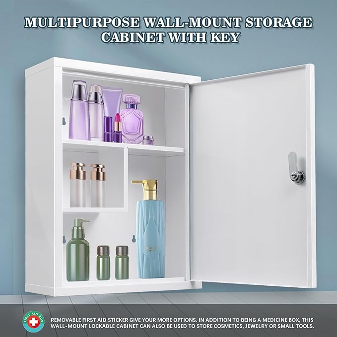 KYODOLED Wall Mount Locking Medicine Cabinet, Large Capacity First Aid Cabinet for Bathroom, Medicine Cabinet with Key, Secur