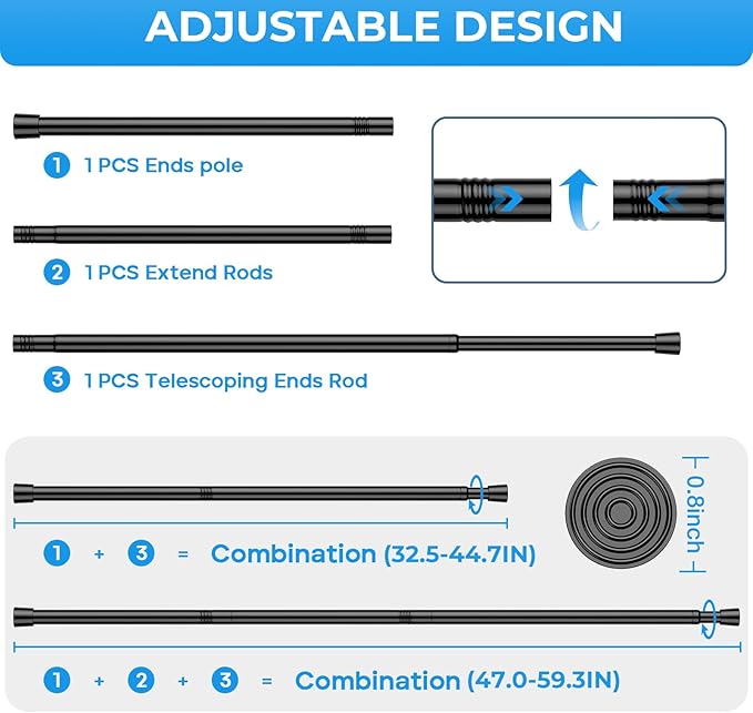4PCS Tension Curtain Rod 33 to 59 Inch,Black Short Curtain Rods No Drilling,Loaded Expandable Spring Curtain Rods for Windows