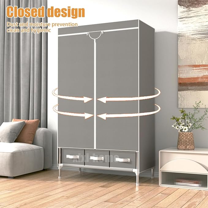 Portable Wardrobe Closet,Foldable Clothes Organizer with 3 Storage Box 35in Simple Non-Woven Fabric Wardrobe Multi-Functional