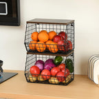 Wetheny 2pcs Fruit Basket Onion Storage Wire Basket with Wood Top- Wall Mounted & Stackable Kitchen Counter Organizer,Cabinet