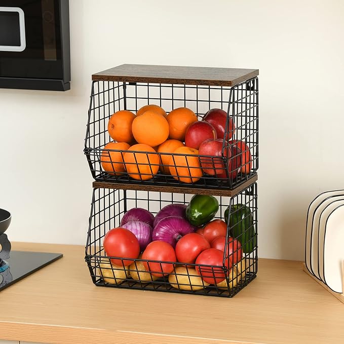 Wetheny 2pcs Fruit Basket Onion Storage Wire Basket with Wood Top- Wall Mounted & Stackable Kitchen Counter Organizer,Cabinet