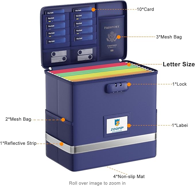 Fireproof File Box with Lock, Document Box Storage Organizer, Suitable for Hanging File Folders in Letter Size, Collapsible F