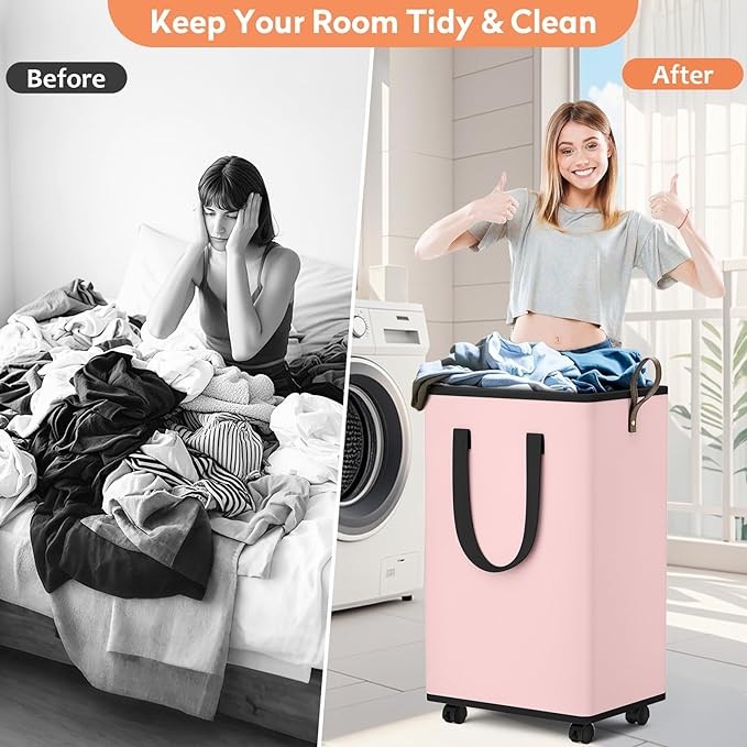 SpaceTrove Laundry Basket with Wheels, Collapsible Laundry Baskets, Laundry Hamper with Handles Detachable Wheels, Rolling La