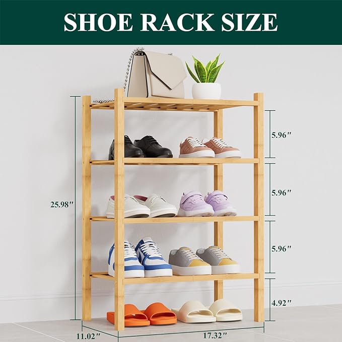 Smiry Shoe Rack, 4 Tier Thick Small Bamboo Shoe Organizer, Stackable Free Standing Wooden Shoe Storage Shelf for Closet, Entr