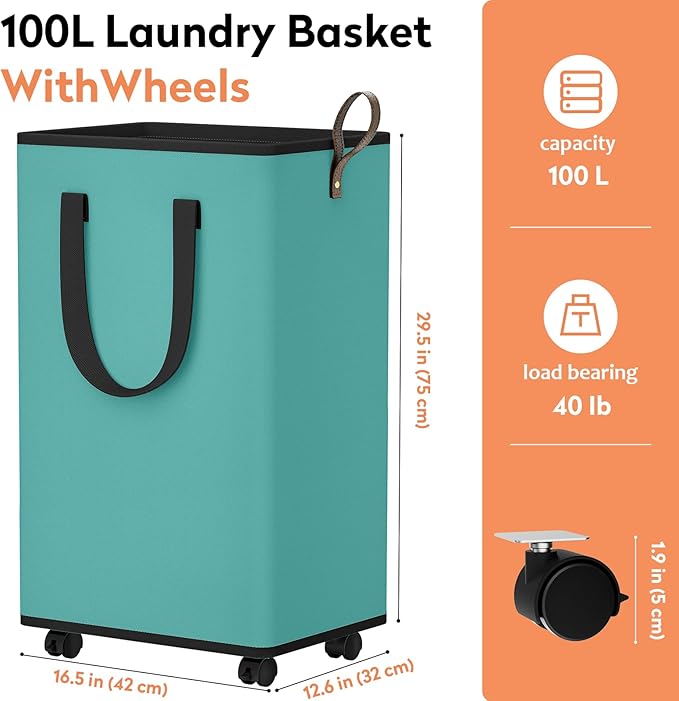 SpaceTrove Laundry Basket with Wheels, Collapsible Laundry Baskets, Laundry Hamper with Handles Detachable Wheels, Rolling La