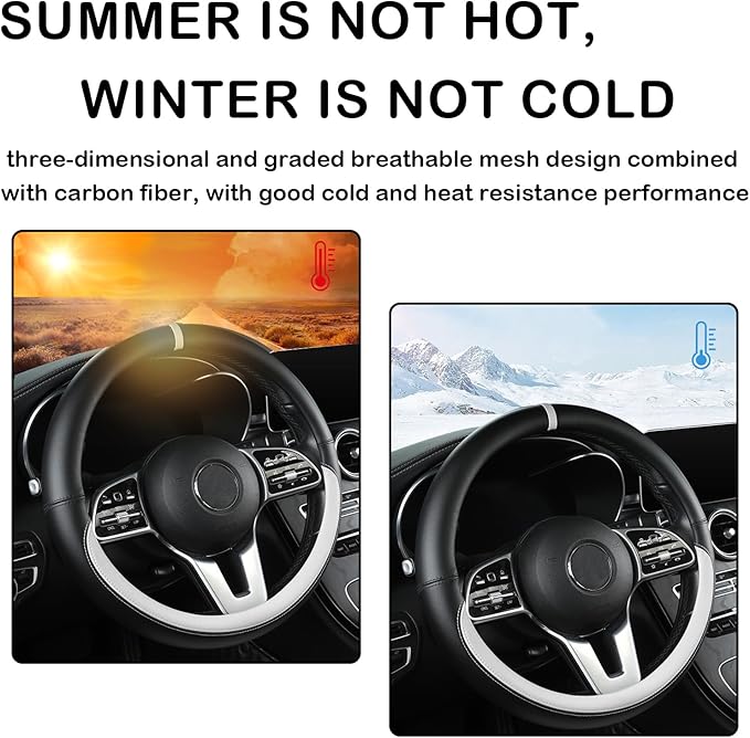 Black & White Nappa Leather Steering Wheel Cover, 14.5-15 inch Universal Car Steering Wheel Cover Non-Slip Breathable Absorbi