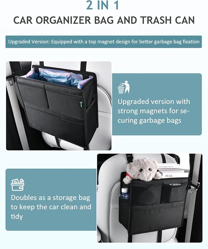 FLORICH 2 Pack Car Seat Organizer & Trash Can 2-in-1, Hanging Backseat Storage with 2 Strap Installation for SUV Truck Sedan