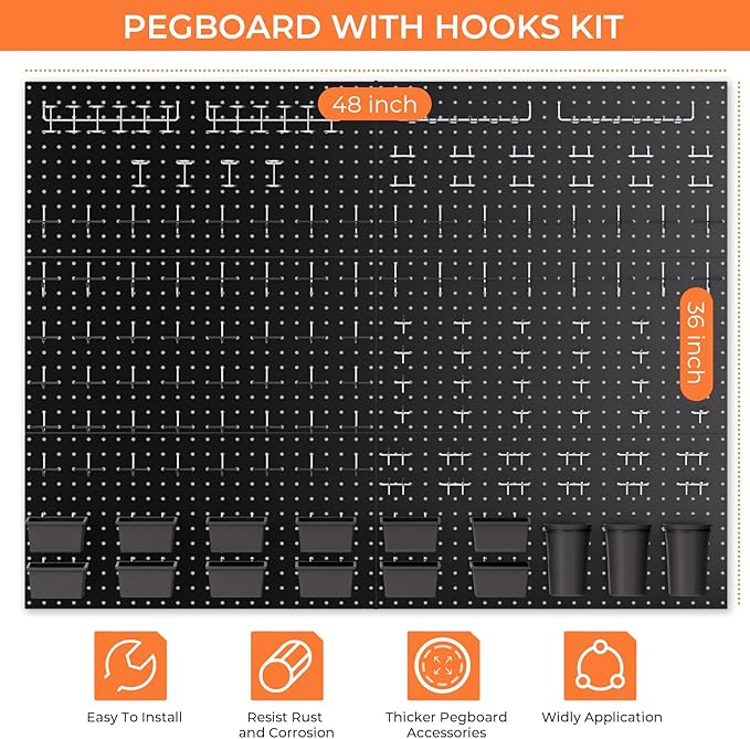 INCLY 226PCS Metal Pegboard Wall Organizer, 48x36 Inch Black Peg Board Panels Tool Organizer Kit with Hooks Bins and Cups, Pe