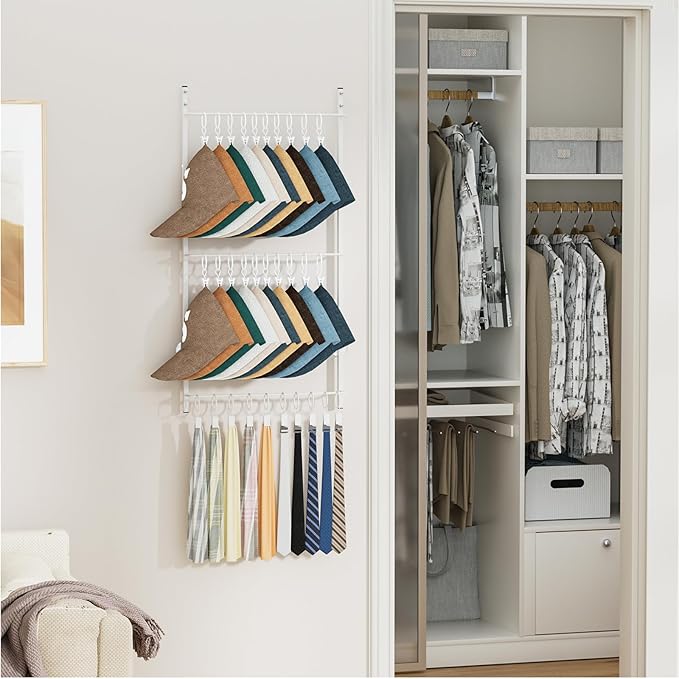HapiRm Over Door Hat Rack - 3 Tier Wall Mounted Hat Organizer with 30 Movable Clips, Baseball Cap Organizer Storage Holds up 