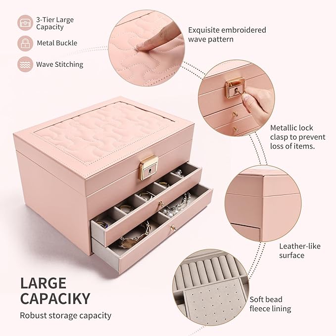 Greenfeather Jewelry Boxes for Women, Jewelry Organizer Box with Lid 3 Layers for Necklaces Rings Earrings and Bracelets Box 