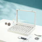 Coward Ring Organizer Jewelry Tray Box, Grey Beige Velvet 100 Slots Ring Display Tray Case with Transparent Glass Lid for Hom