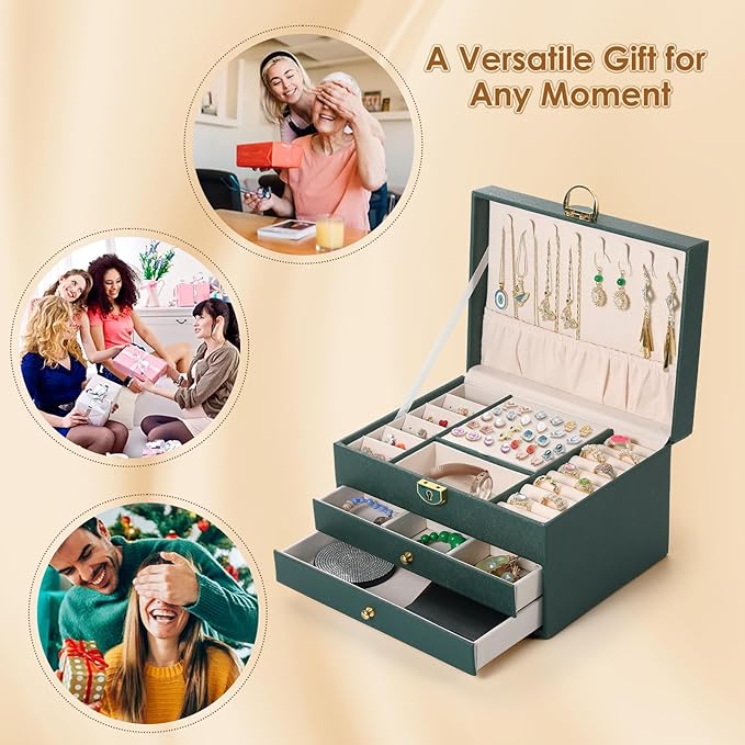 coobest 3 Layer Jewelry Box, Jewelry Holder Organizer with 2 Drawer Tray, Large boxes for Women Velvet Earring Organizer, Loc