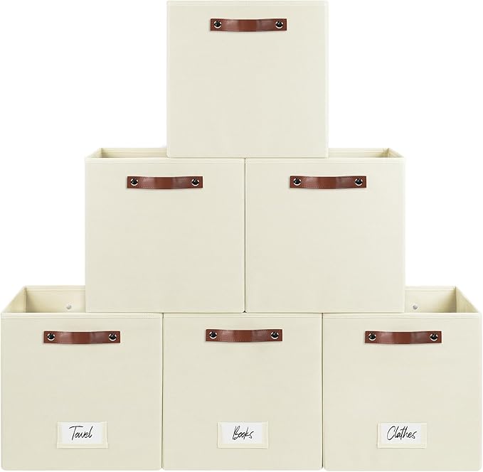 FinishingBo 6-Pack Storage Cubes with Handles & Label Holders Basket, Closet Cube Home Organizer Bins(Beige, 13 x 13 x 13 inc
