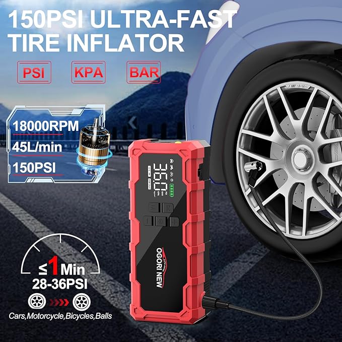 8000A Jump Starter with Air Compressor, 26800mAh 150PSI Portable Car Battery Jump Starter (All Gas/16L Diesel), 12V