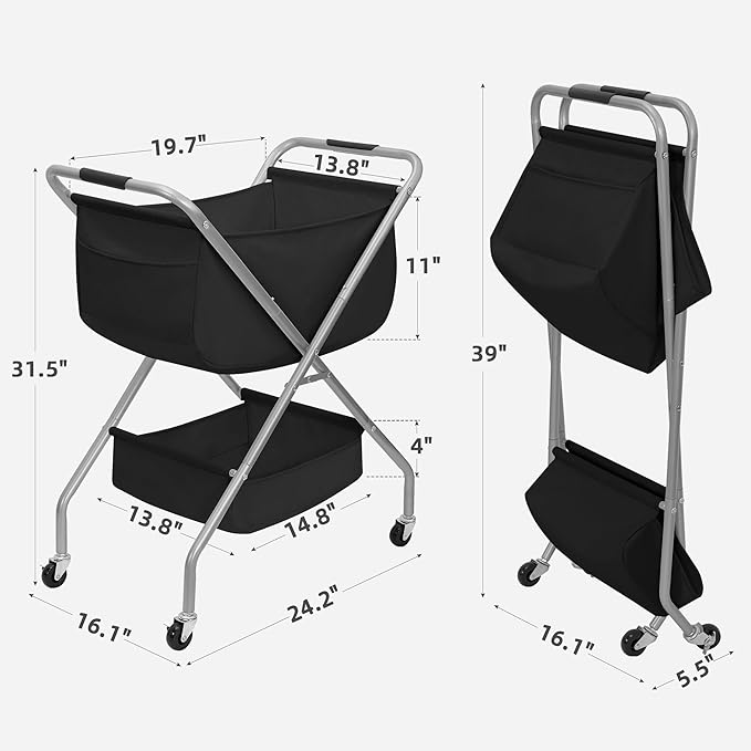 STORAGE MANIAC Collapsible Laundry Cart with Wheels 31.5"H Rolling Laundry Hamper Clothes Basket with Wheels, Canvas Liner St