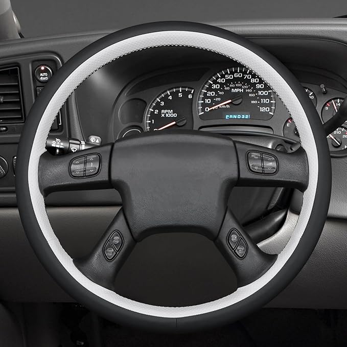 MEWANT Hand Stitched Steering Wheel Cover for Chevy Silverado 1500 2003-2006 Trailblazer White Black Faux Leather Wrap