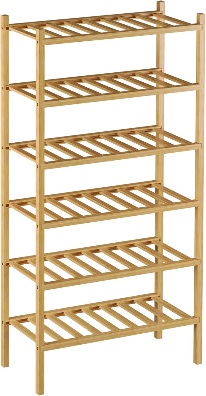 ROMGUAR CRAFT 6-Tier Bamboo Small Shoe Rack, Free Standing Wood Shoe Shelf Storage Organizer for Closet Entryway Stackable (N