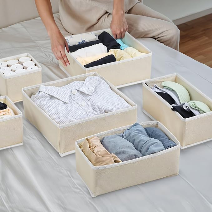 12 Pack Linen Drawer Organizer Set – Collapsible Fabric Storage Bins for Baby Clothes, Diapers, Socks, Bras & More (Beige, 3 