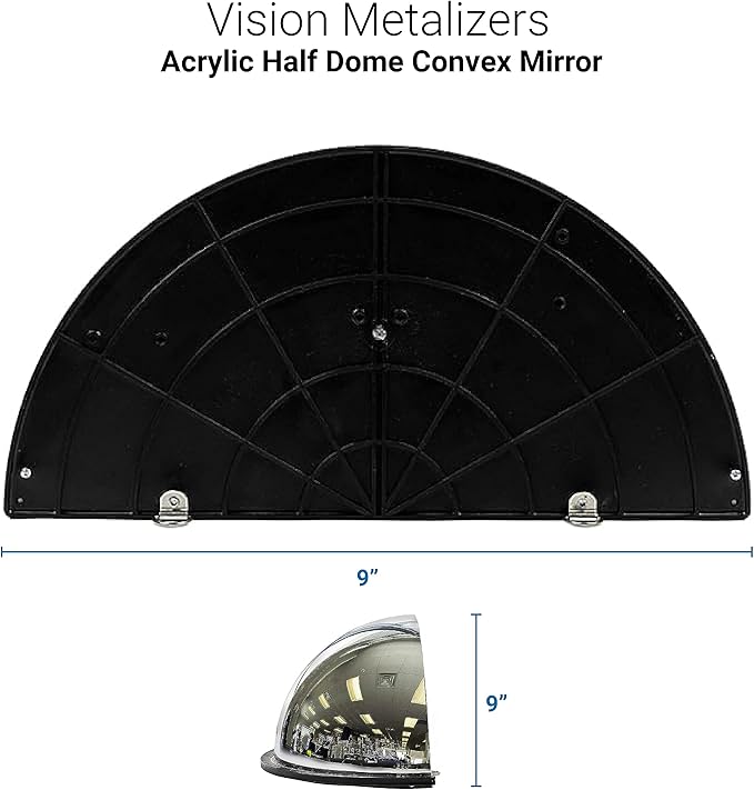 18” Acrylic Bubble Half Dome Mirror with Black Rim, Round Indoor Security Mirror for Driveway Safety Spots, Outdoor Warehouse Side View, Circular Wall Mirror for Office Use - Vision Metalizers (DPB1812)