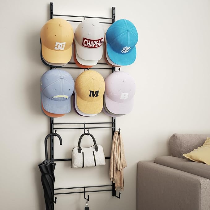SWTYMIKI Over Door Hat Organizer - 4 Tier Metal Adjustable Wall Mounted Hat Rack with 12 Hooks Design, Hanging Baseball Cap O