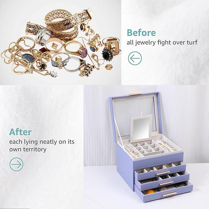 BOOVO Clear Lid Jewelry Box,4 Layers Jewelry Organizer Large Jewelry Storage Box with 3 Drawers,Jewelry Holder Organzier of R
