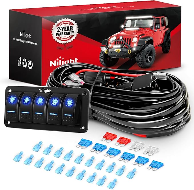 Nilight 16AWG 14AWG 12AWG LED Light Bar Wiring Harness Kit 12V On/Off 5 Gang Rocker Switch Panel Power Relay Blade Fuse 5Pin Toggle Switches for Cars Boat ATV Trucks-10 Leads