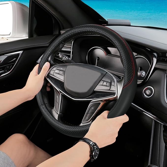 Black Car Steering Wheel Cover, Microfiber, Leather Patchwork, Universal 14.5-15 Inch Leather Anti-Slip Breathable Auto Steer