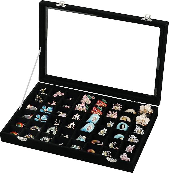 Frebeauty 48 Grid Jewelry Tray,Adjustable Earring Holder Organizer with Glass Lid,Velvet Drawer Jewelry Organizer for Rings,S