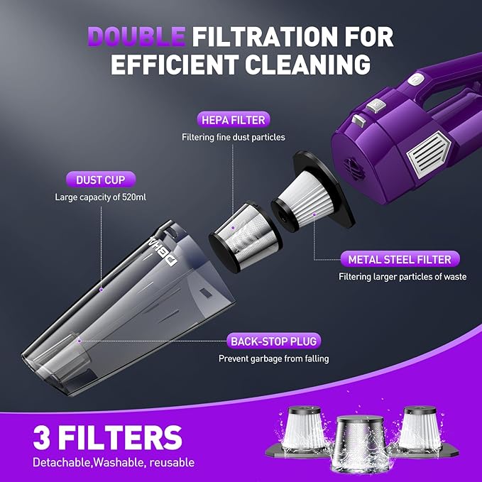 Handheld Vacuum Cordless, 15000PA Powerful Suction Car Vacuum Cleaner Lightweight with Multi Accessories, Hand held Vacuum Cl