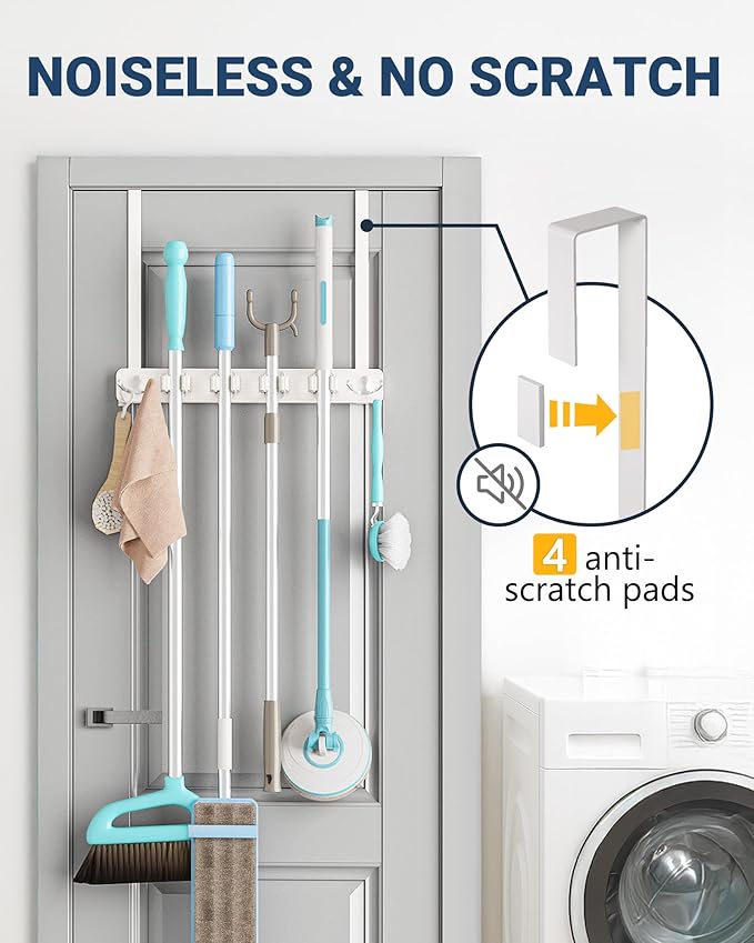 Lorbro Broom Holder Door Mount, Over the Door Broom and Mop Holder with 2 Over Door Hooks, Wood Broom Hanger, Tool Rack Organ