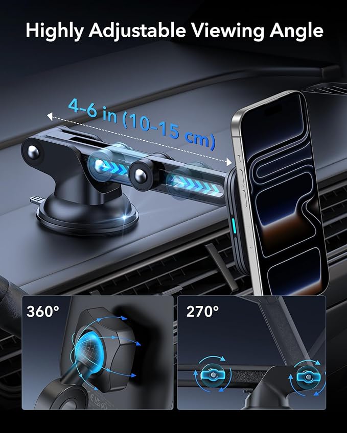 ESR for 15W MagSafe Car Mount Charger, for MagSafe Car Charger, Suction Cup Magnetic Wireless Car Charging, Dashboard Car Phone Mount for iPhone 17/16/15/14/13/12, S25, Pixel 10, Fast Charging