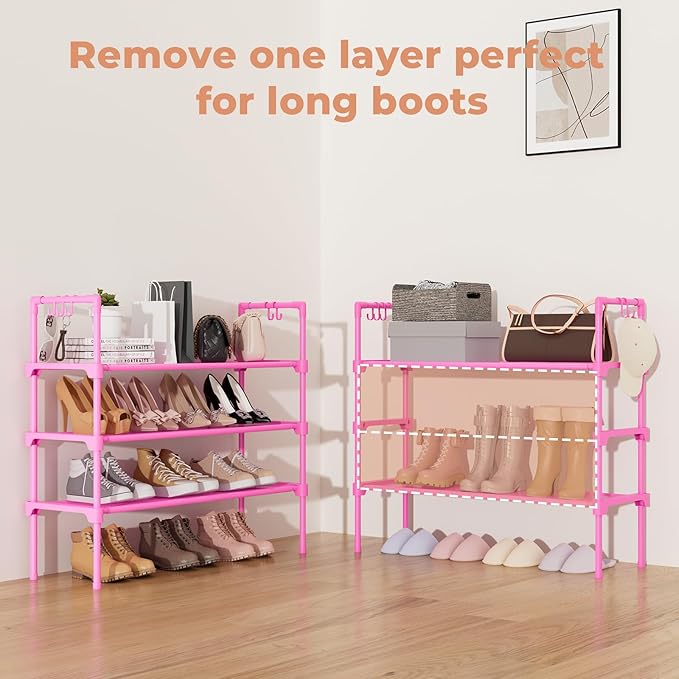 LANTEFUL 3 Tier Shoe Rack for Closet, Shoe Organizer with 5 Hooks, Long Shoe Shelf Storage for Shoe and Boot Stackable Free S