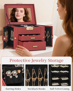 TORIBIO Jewelry Box for Women, Leather Jewelry Organizer with Mirror & Lock, 3-Tier Jewelry Storage Organizer with 2 Drawers 