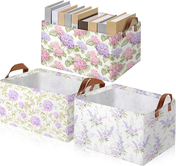 Boao 3 Pcs Purple Floral Storage Bin Wildflowers Collapsible Large Storage Baskets for Gifts Canvas Laundry Basket Foldable B