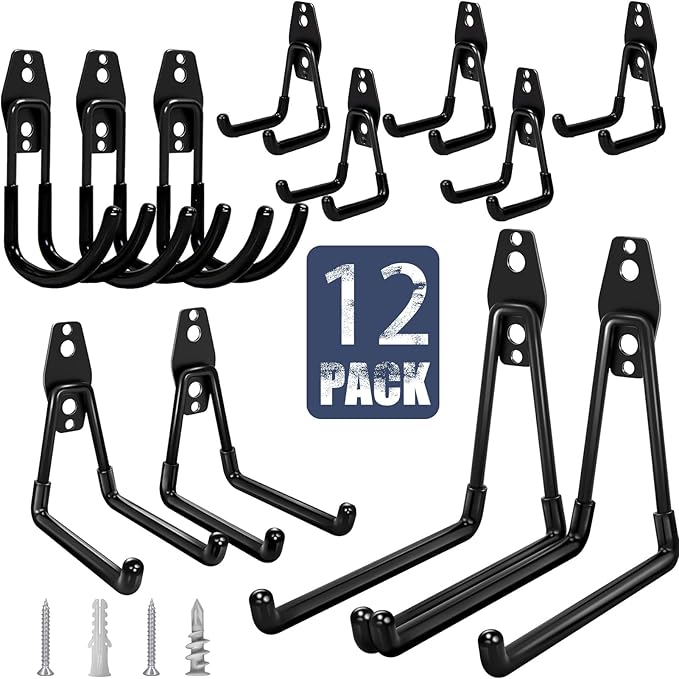 KOFANI Garage Hooks Heavy Duty, 12 Pack Anti-Slip Coating Garage Wall Storage Hooks for Hanging Bike, Ladder, Garden Tools